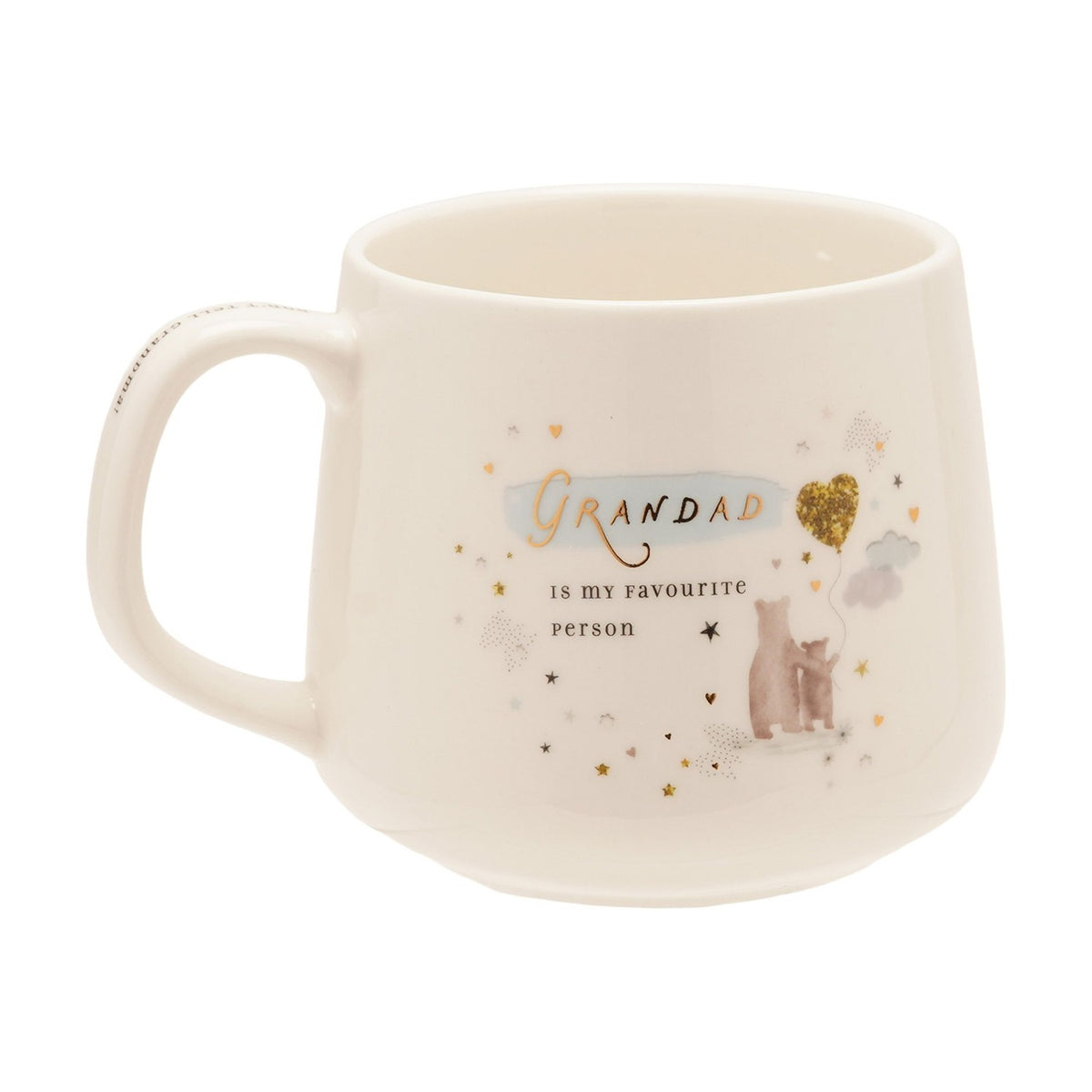 Cream stoneware mug with C-handle, reading "Grandad is my favourite person" in gold script over pale blue, beside bear illustrations and a gold heart balloon, on a white background.