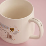 Cream stoneware mug featuring "Grandad is my favourite person" text, a bear and cub design with gold heart balloon, and "Don't tell Grandma!" printed inside the handle, shown on a pink background.
