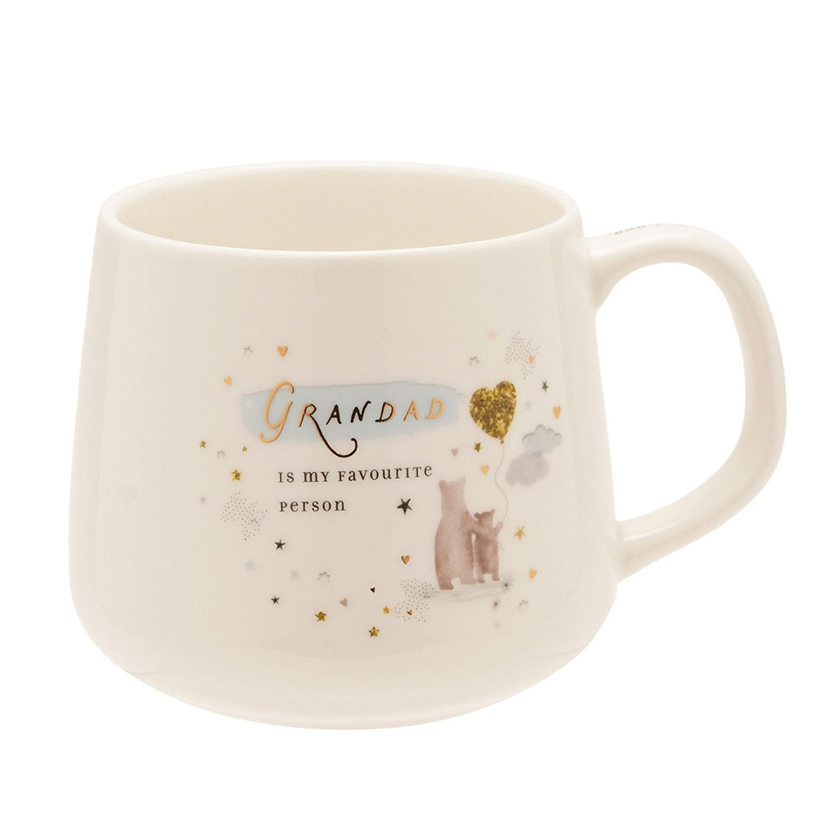 Cream stoneware mug with C-handle, printed "Grandad is my favourite person" in gold script, a bear and cub, gold heart balloon, and stars on a plain white background.
