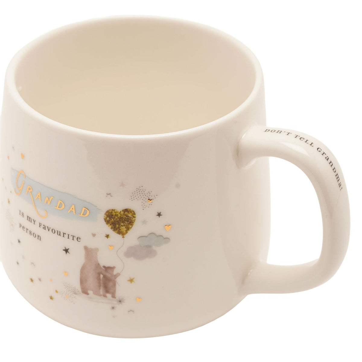 Cream stoneware mug with "Grandad is my favourite person" in gold script, a bear and cub beneath a gold heart balloon, and "Don't tell Grandma!" printed inside the handle.