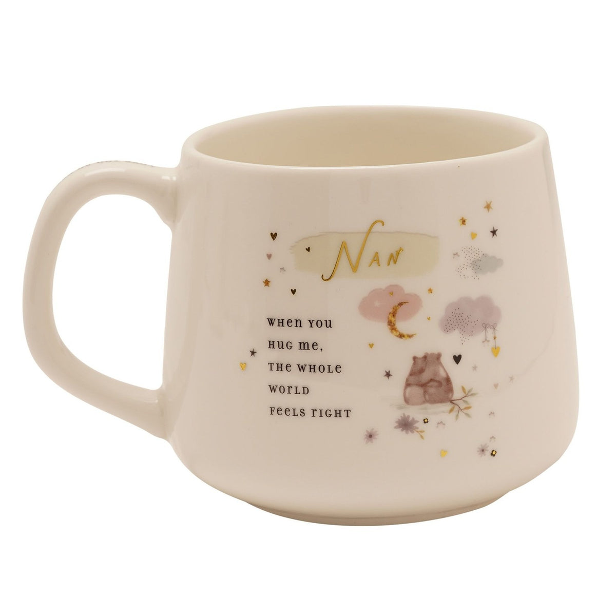 Cream stoneware mug with handle, featuring "Nan" in gold script, a hug message, two bears on a branch, pastel clouds and a gold crescent moon, shown on a white background.