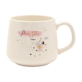 White stoneware mug with handle featuring "Par-Tea Time" in gold script on a pink brushstroke, a figure in a teacup with wand and stars, set against a plain white background.