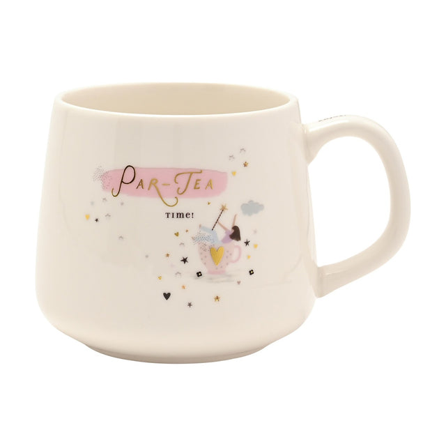 White stoneware mug with handle featuring "Par-Tea Time" in gold script on a pink brushstroke, a figure in a teacup with wand and stars, set against a plain white background.