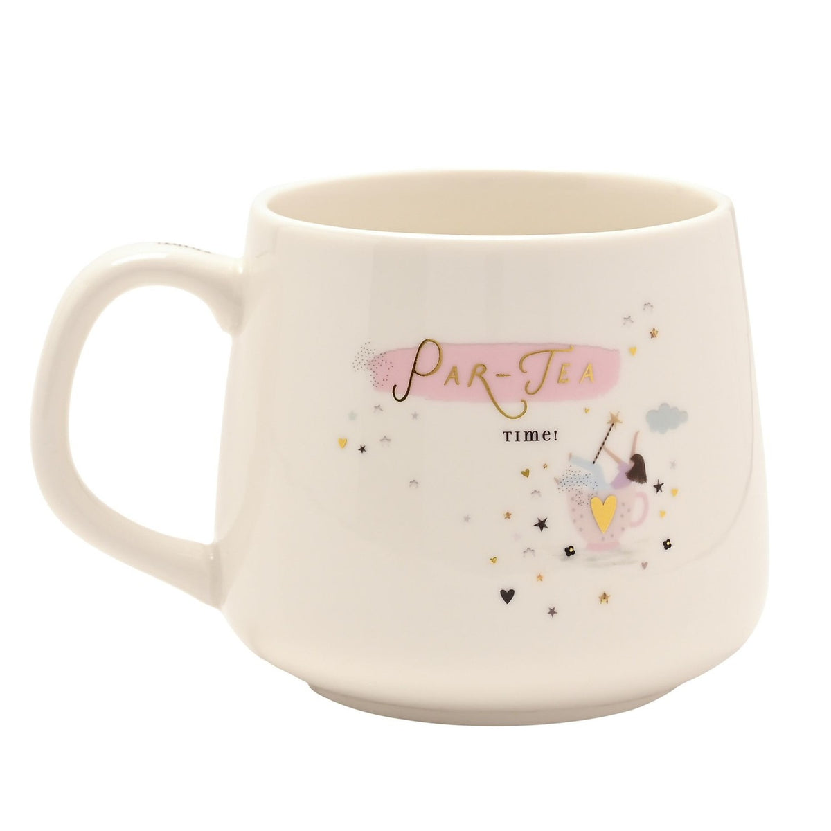 White stoneware mug with C-handle featuring "Par-Tea Time" in gold script on a pink brushstroke, a whimsical figure in a teacup, and scattered stars and hearts, shown on a plain white background.