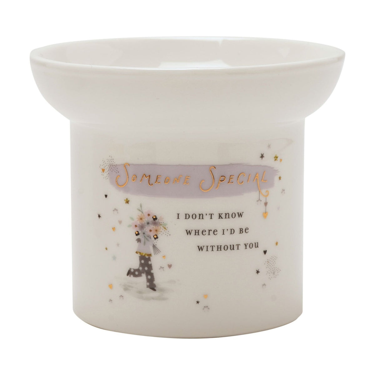 Round white ceramic wax melt burner with shallow dish, featuring "Someone Special" in gold on a lilac brushstroke and a floral bouquet figure design, shown on a plain white background.