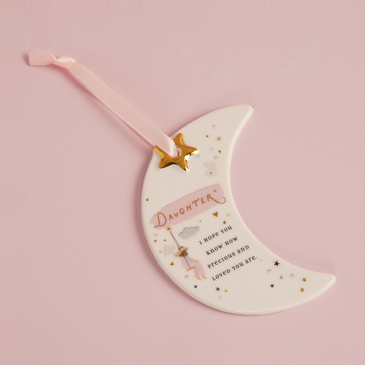 Daughter Moon Hanging Ceramic Plaque with Gold Star - White