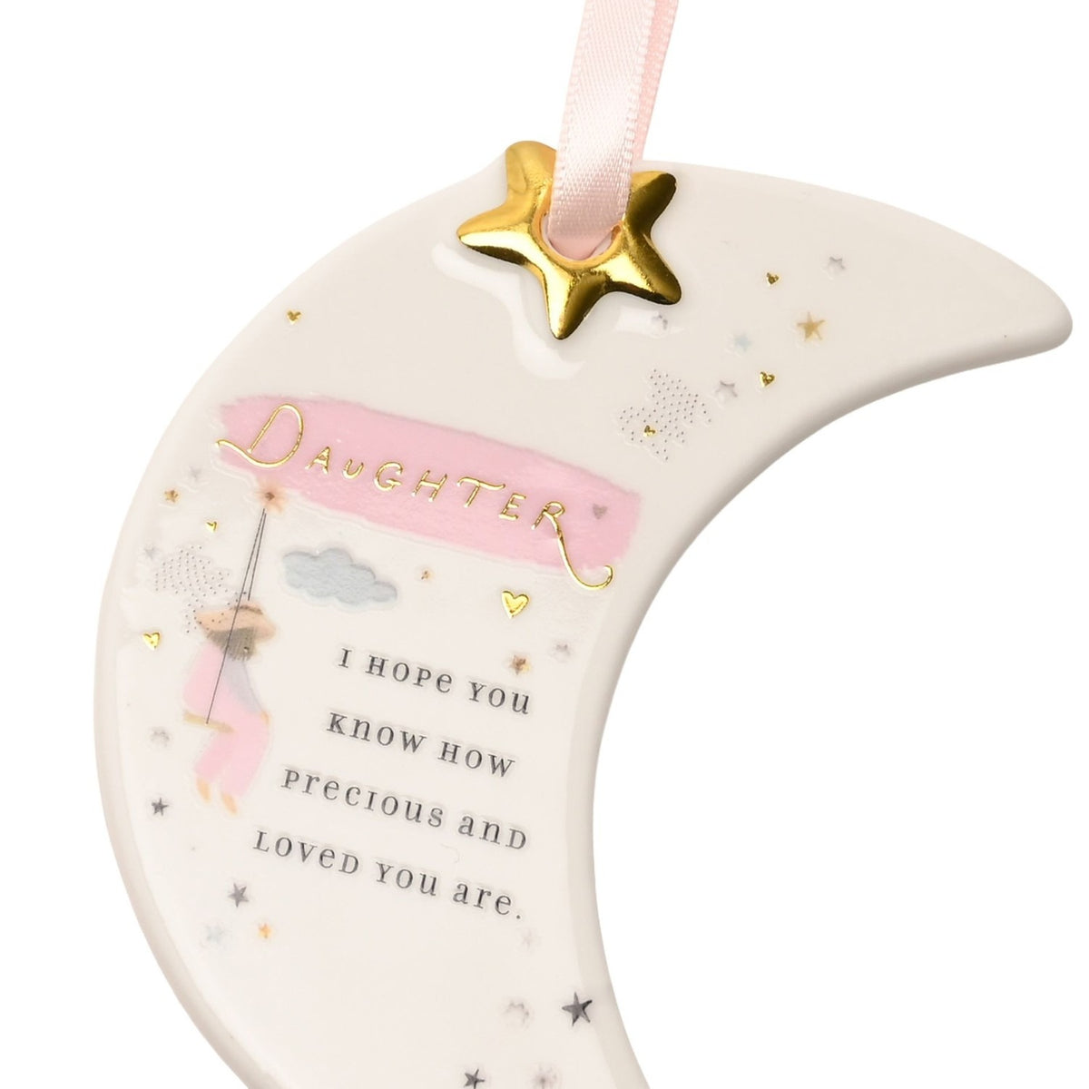 Daughter Moon Hanging Ceramic Plaque with Gold Star - White