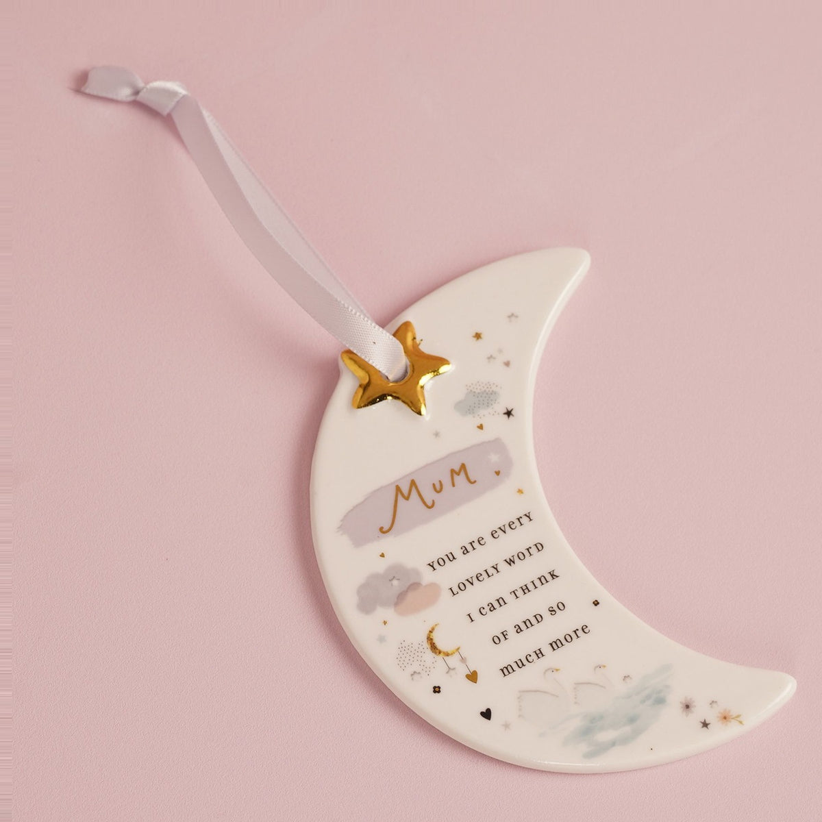 Mum Crescent Moon Hanging Ceramic Plaque with Ribbon - White