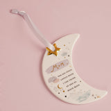 Mum Crescent Moon Hanging Ceramic Plaque with Ribbon - White