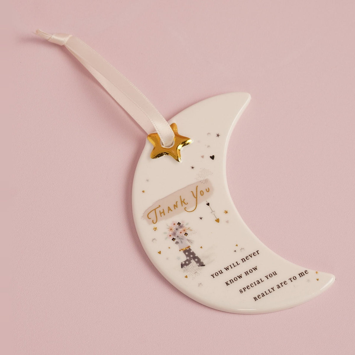 Thank You Moon Hanging Ceramic Plaque with Gold Star - White