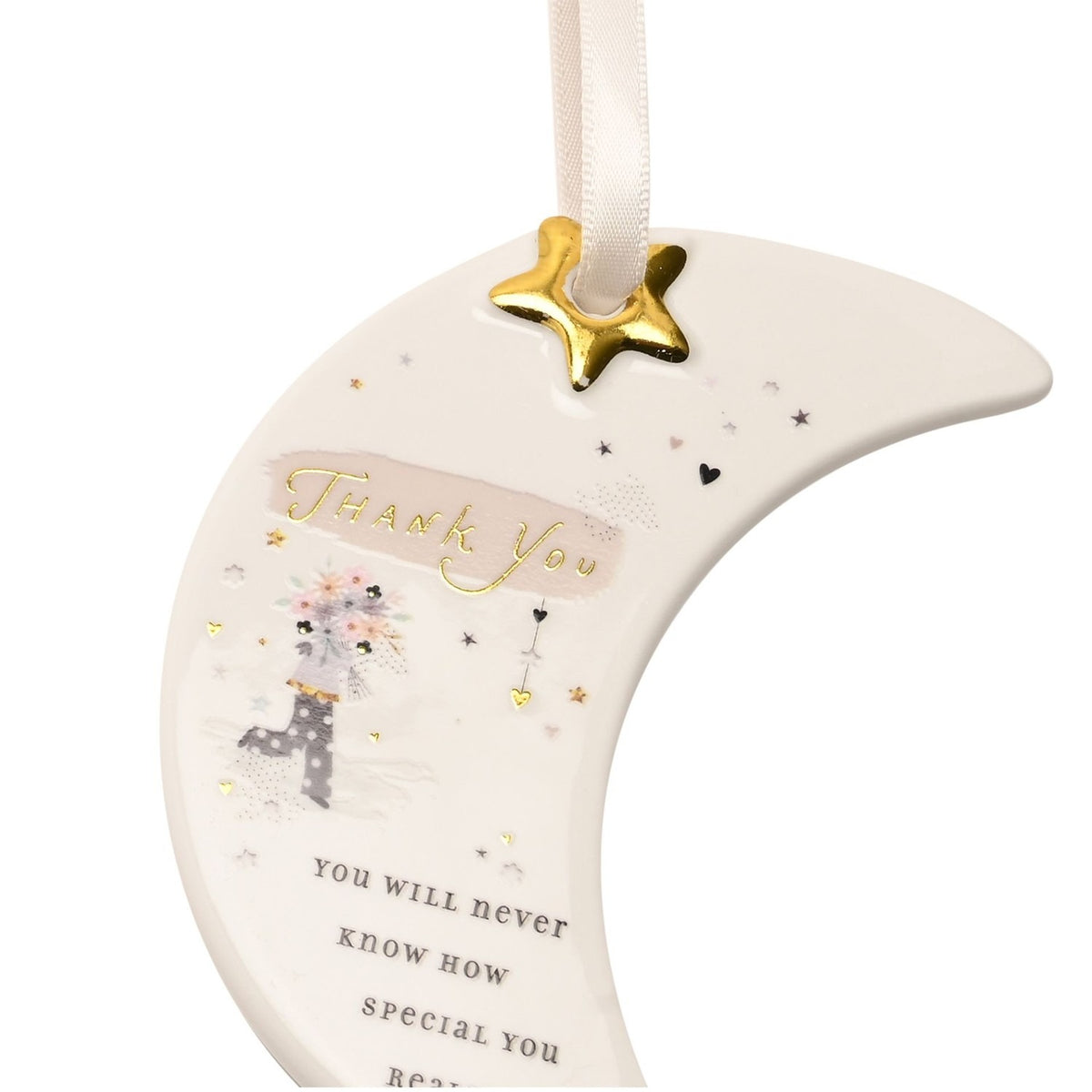 Thank You Moon Hanging Ceramic Plaque with Gold Star - White