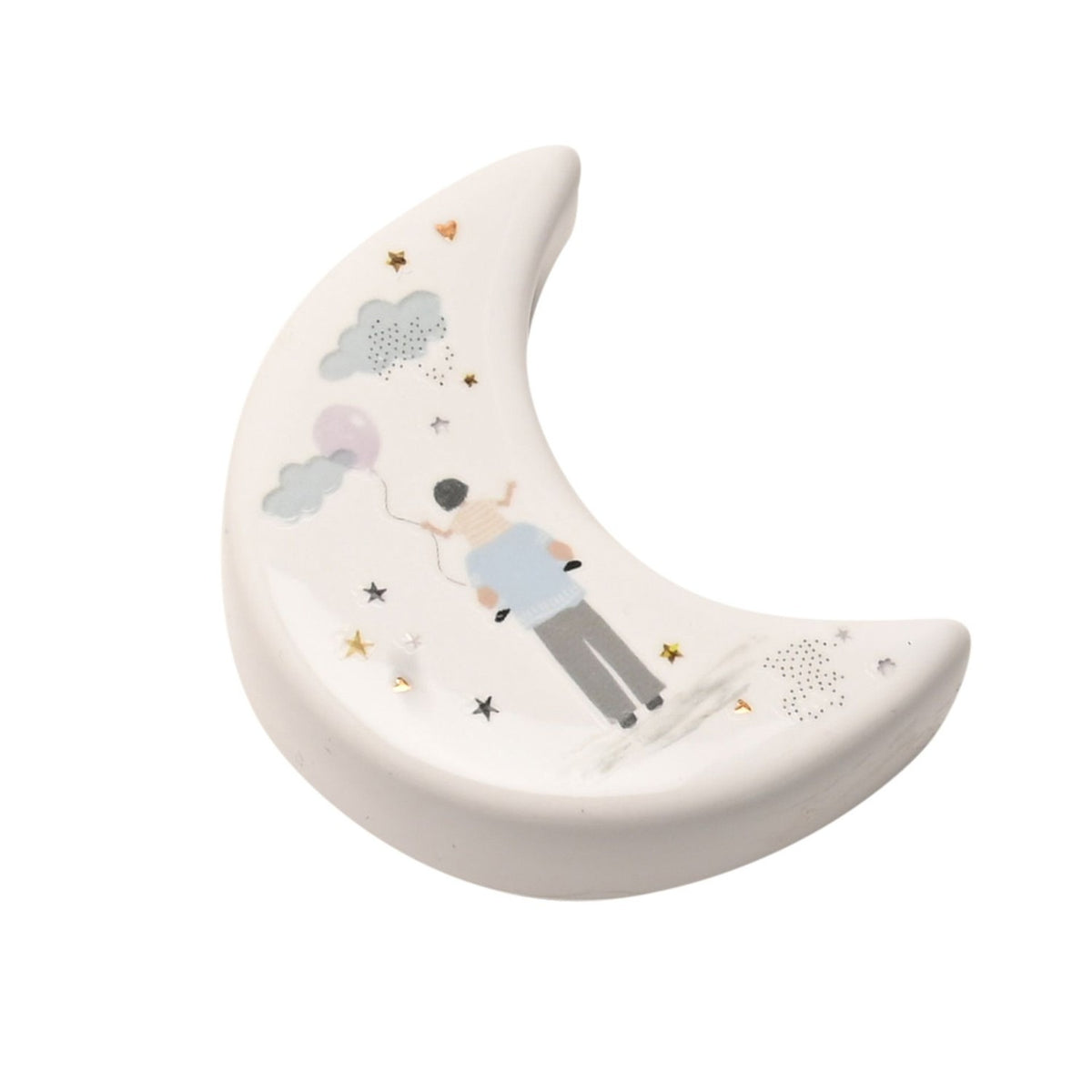 White ceramic crescent moon keepsake token featuring a figure holding balloons, with painted clouds, stars, and gold heart accents, set on a plain white background.