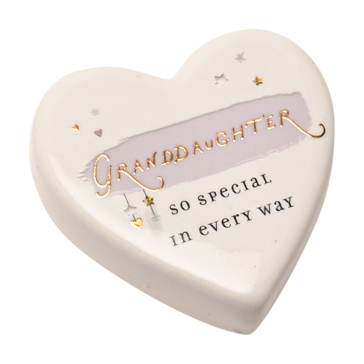 White ceramic heart keepsake token with "Granddaughter, so special in every way" in gold and dark lettering, lilac brush stroke, and star and heart accents, on a white background.