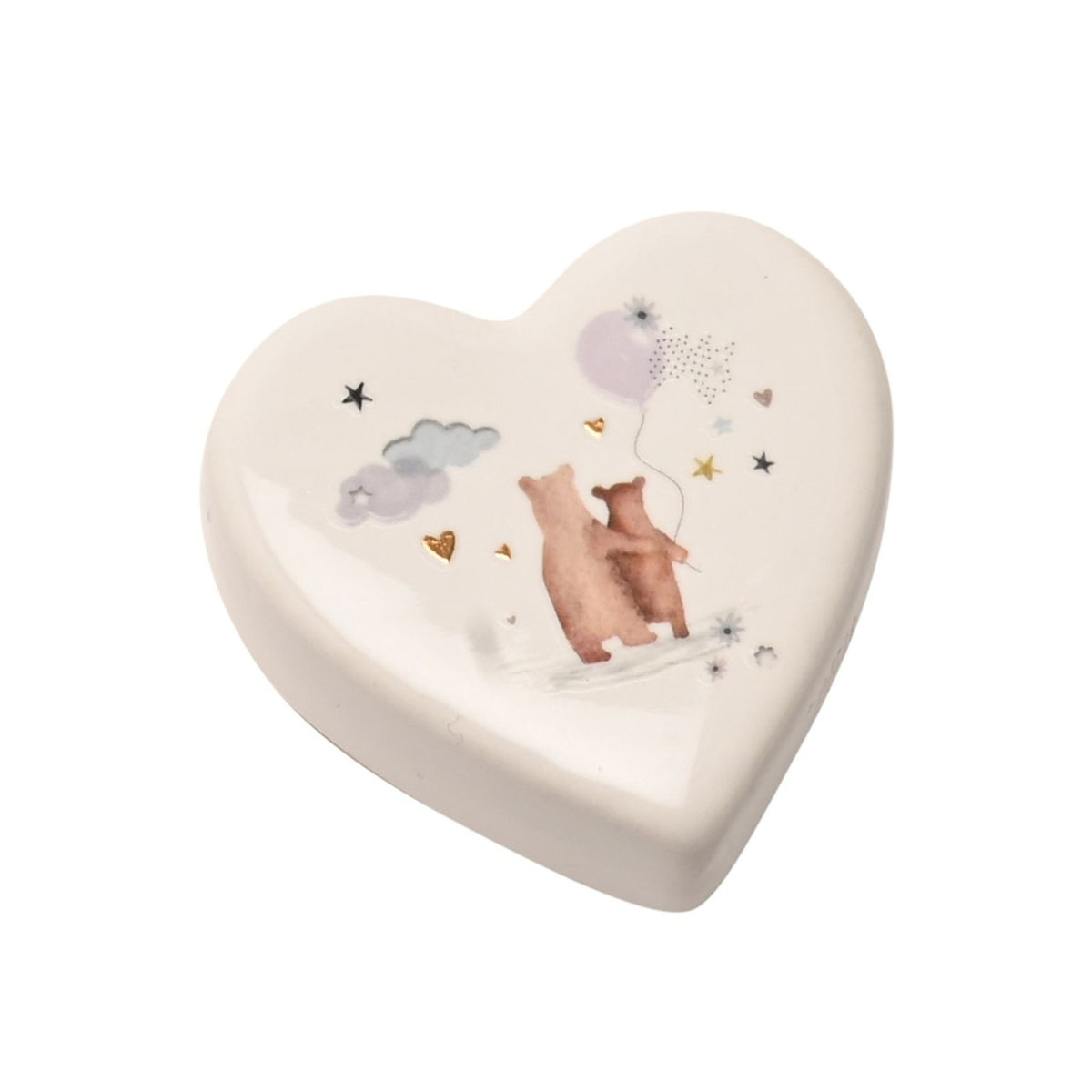White ceramic heart-shaped keepsake token featuring two illustrated bears with a balloon, stars, hearts, and a cloud design, set against a plain white background.