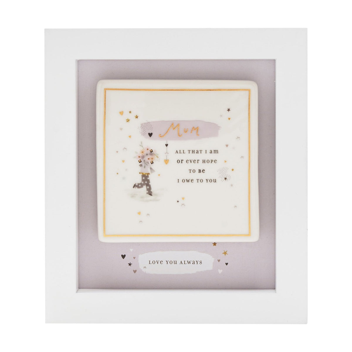Mum Wooden Boxed Plaque with Gold Border and Hanger - White