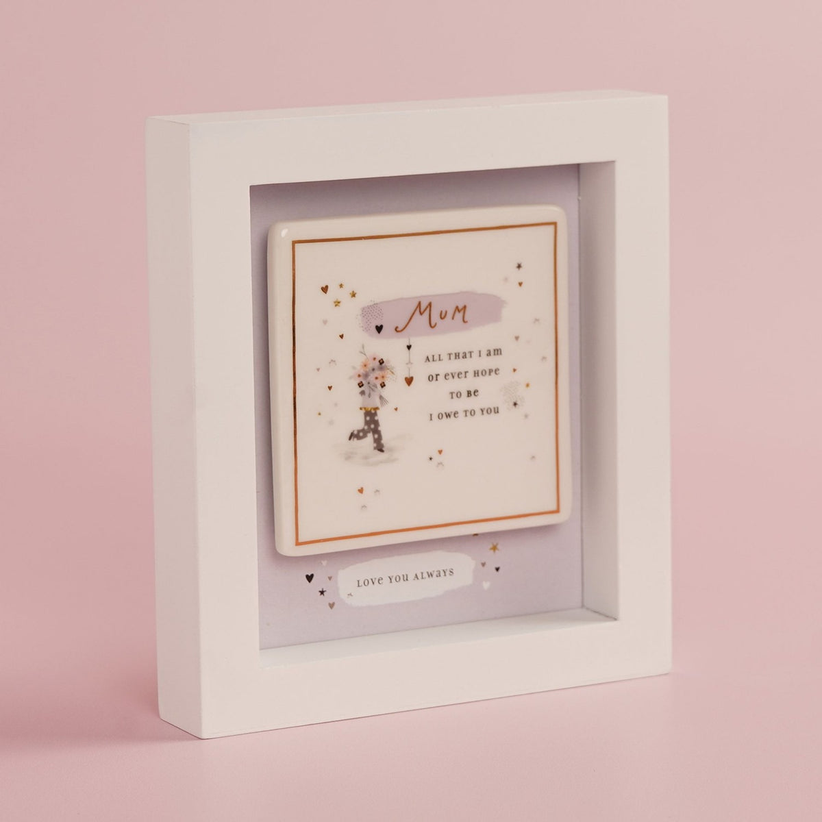 Mum Wooden Boxed Plaque with Gold Border and Hanger - White