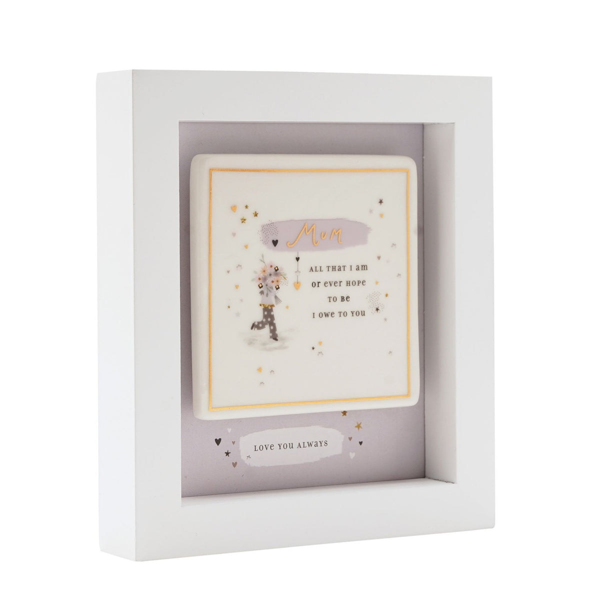 Mum Wooden Boxed Plaque with Gold Border and Hanger - White