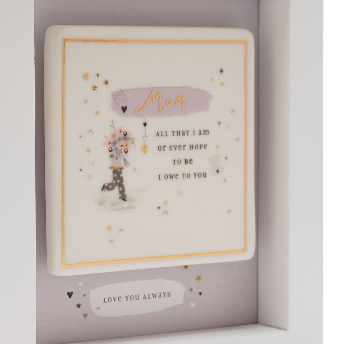 Mum Wooden Boxed Plaque with Gold Border and Hanger - White