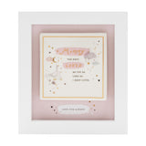 White box frame wall plaque with pink mount, featuring a Mummy geese and stars design with gold script "love you always" on a dusty pink backing.