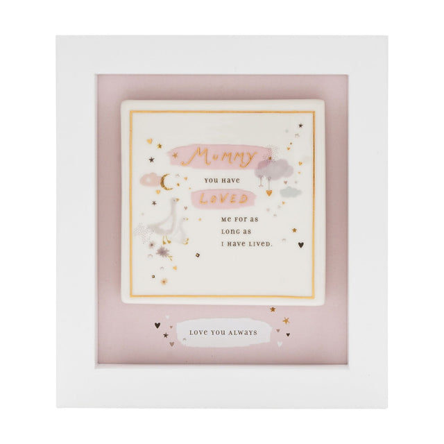 White box frame wall plaque with pink mount, featuring a Mummy geese and stars design with gold script "love you always" on a dusty pink backing.