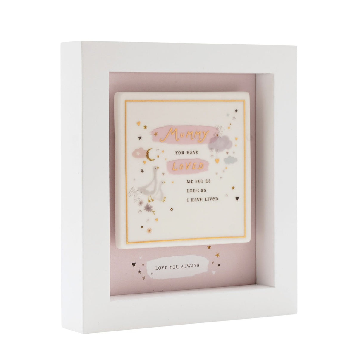 White box-framed wall plaque with "Mummy" message, geese, moon, clouds and stars in pink, grey and gold on an off-white panel with dusty pink backing.