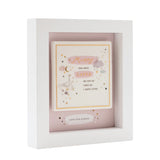 White box-framed wall plaque with "Mummy" message, geese, moon, clouds and stars in pink, grey and gold on an off-white panel with dusty pink backing.