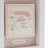 Wooden boxed wall plaque in white and pink with "Mummy, you have loved me for as long as I have lived" text, geese, moon, clouds, stars and hearts, framed in white.