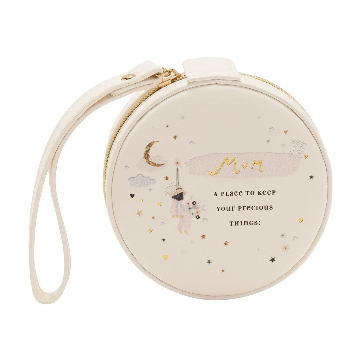 Mum Round MDF Jewellery Box with Wrist Strap - Cream & Pink
