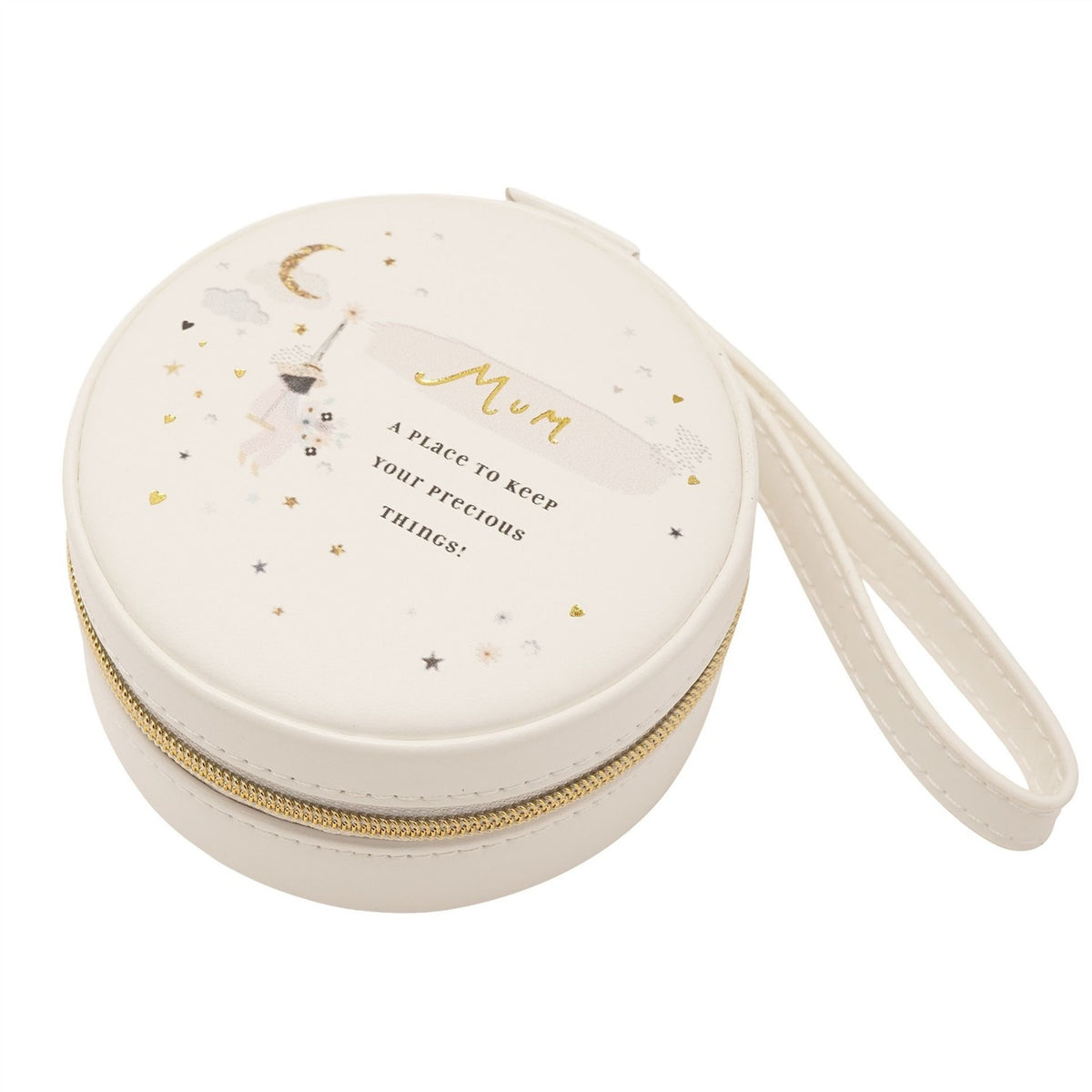 Mum Round MDF Jewellery Box with Wrist Strap - Cream & Pink
