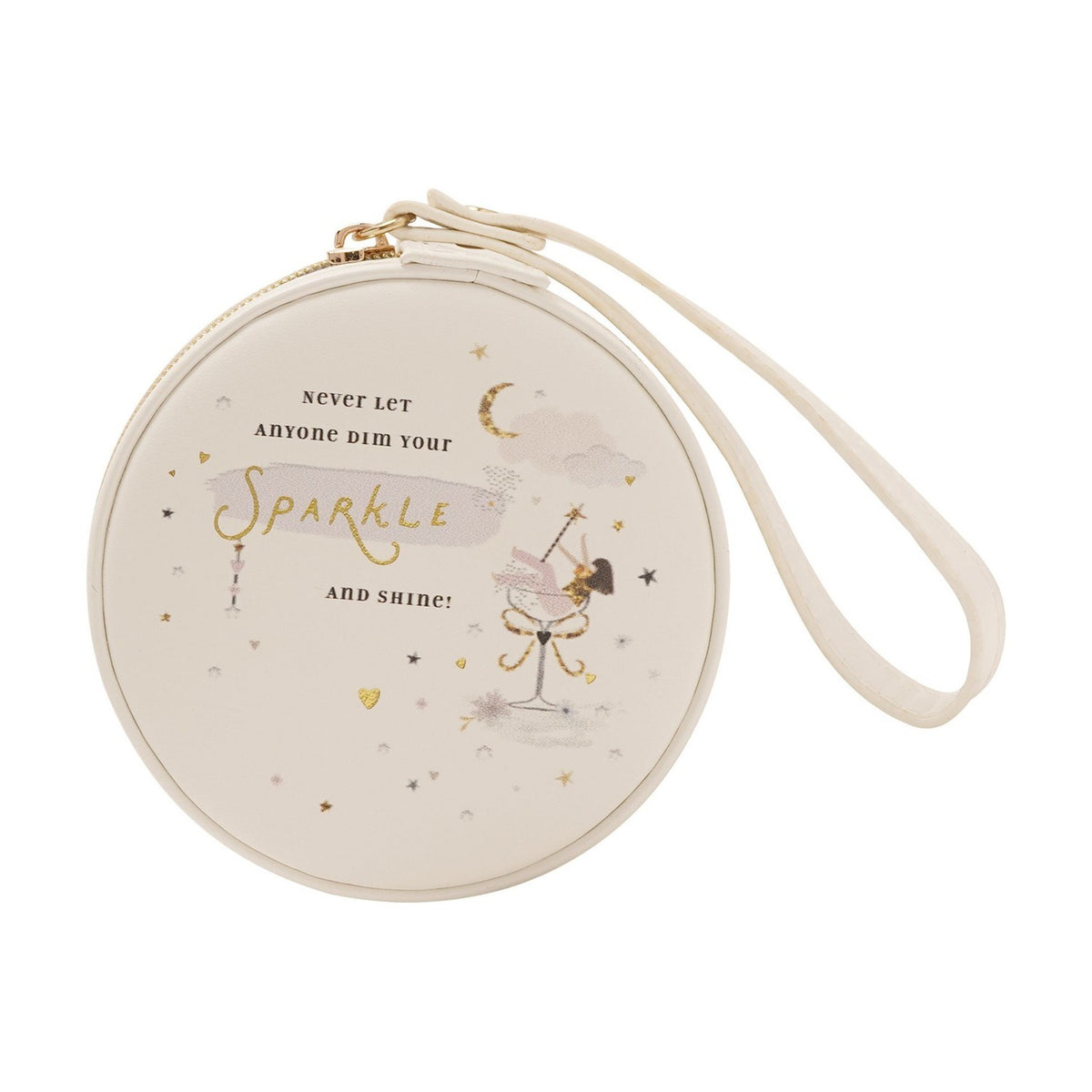 Sparkle Round Zip MDF Jewellery Box with Mirror - Cream