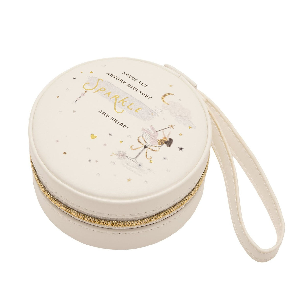 Sparkle Round Zip MDF Jewellery Box with Mirror - Cream