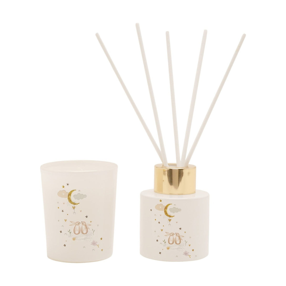 Bunny and Moon mini glass reed diffuser with gold collar and matching white candle, both featuring a gold crescent moon, clouds, and bunny design on white background.