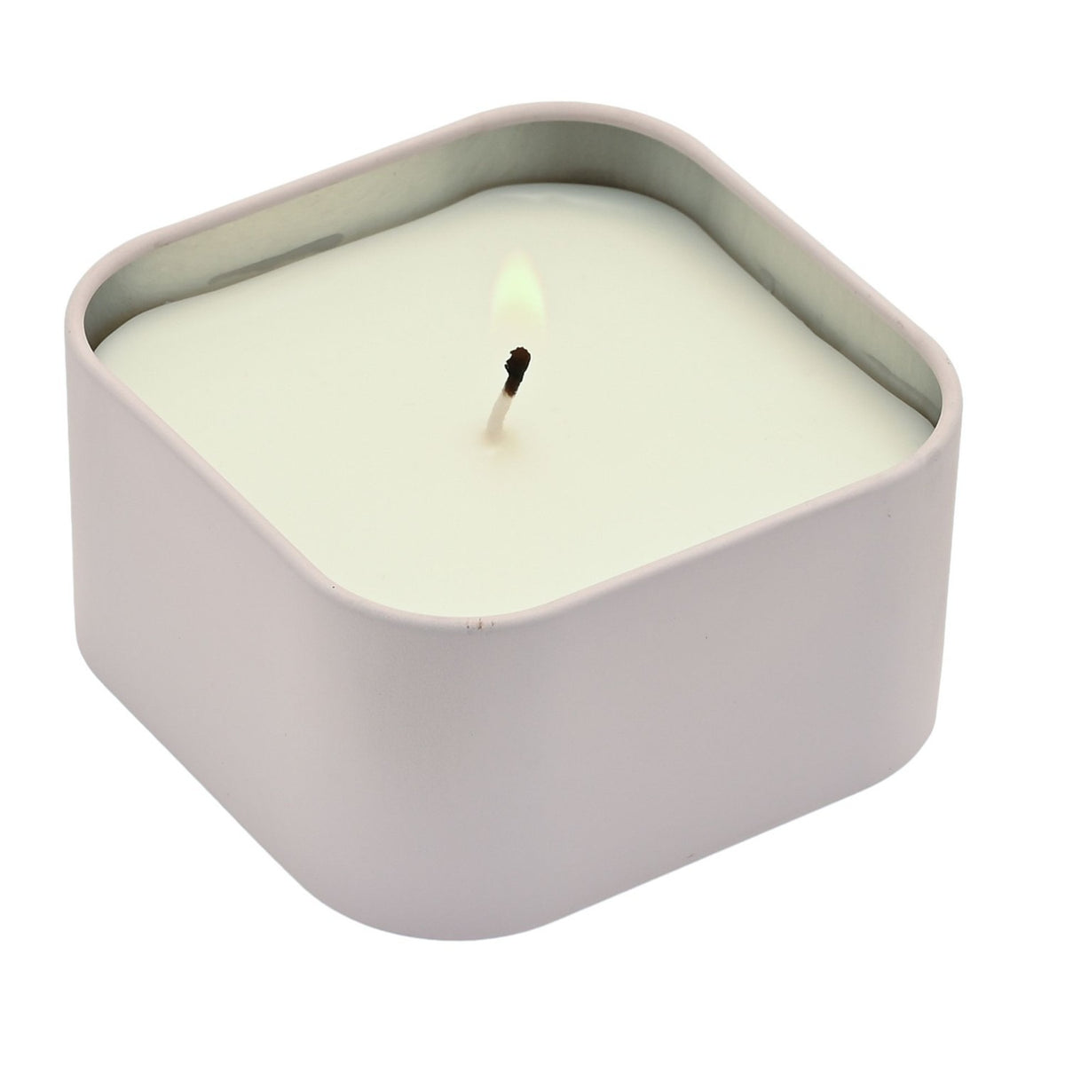 Birthday Wish Square Tin Scented Candle 125g in white, showing a lit wick and pale wax inside a rounded square purple-grey tin, on a plain white background.