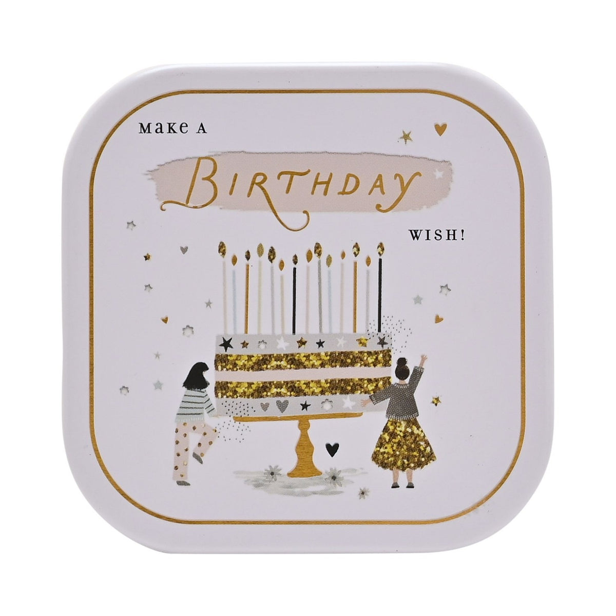 Square tin scented candle with white lid featuring a gold-rimmed birthday design, two figures by a tall layered cake, "Make a Birthday Wish" text, stars and hearts, on a plain background.