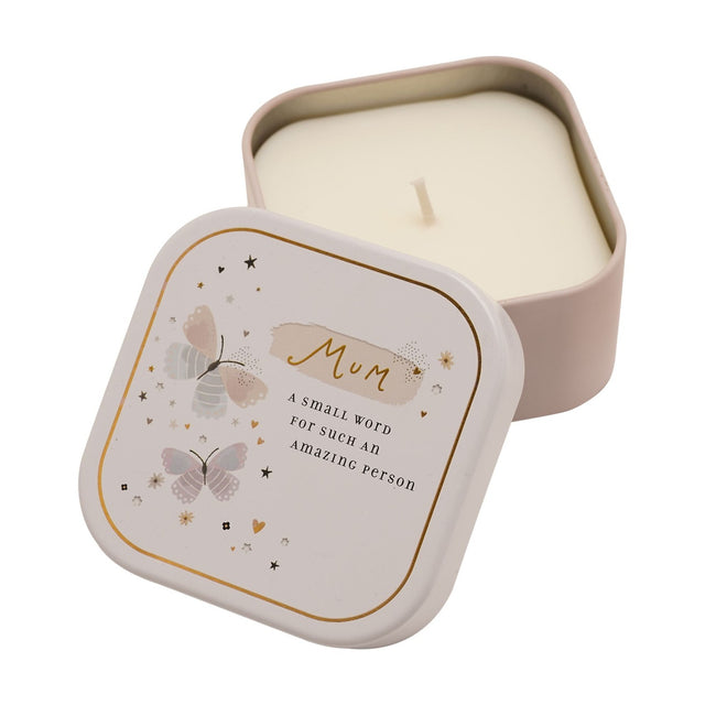 Square lidded tin scented candle, 125g, with white lid featuring a gold "Mum" script, pastel butterflies and star details, shown open beside the pink tin on a white background.