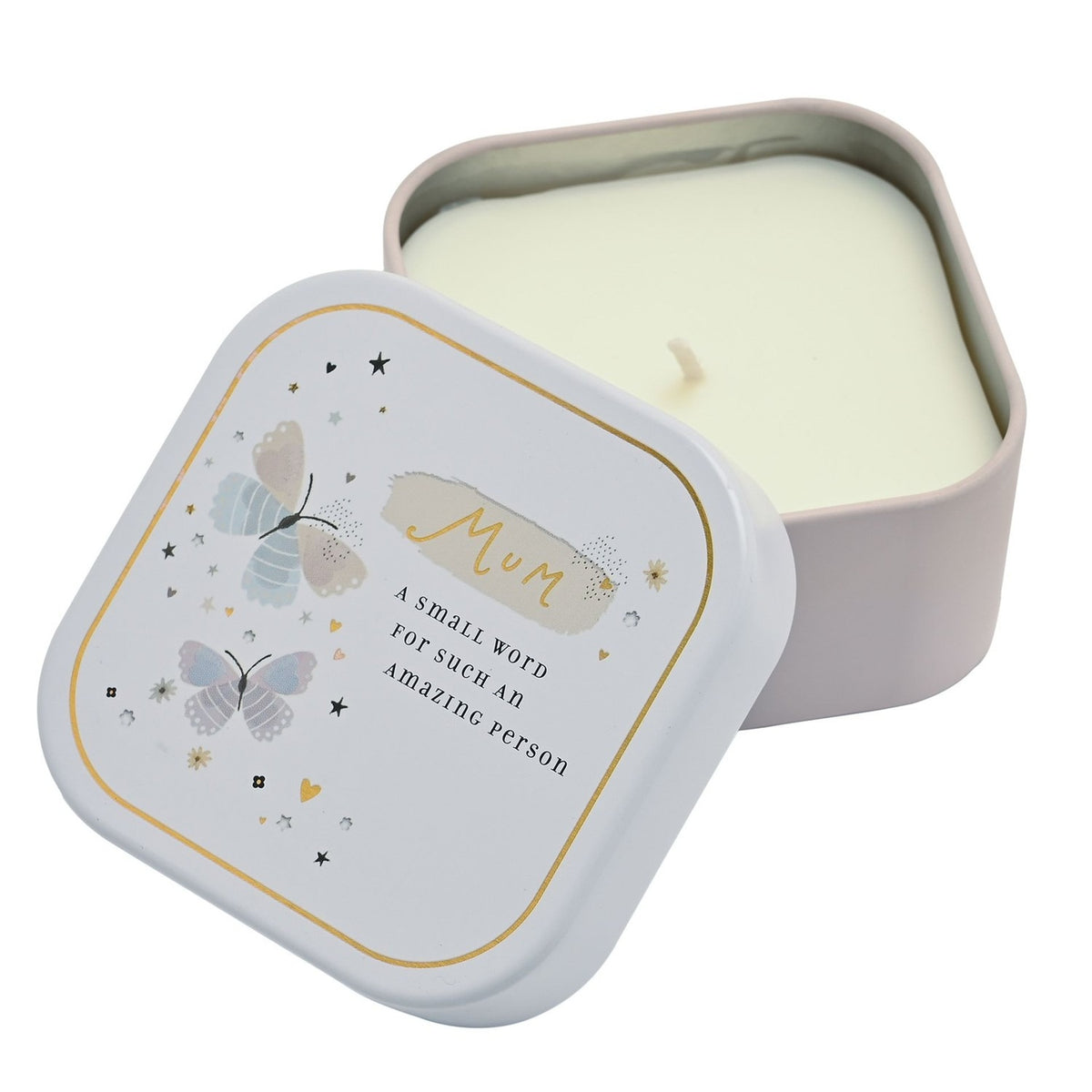 Square lidded tin scented candle, 125g, white lid with gold-script Mum text, pastel butterflies and stars, shown open beside lilac tin revealing cream candle, on white background.