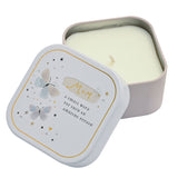Square lidded tin scented candle, 125g, white lid with gold-script Mum text, pastel butterflies and stars, shown open beside lilac tin revealing cream candle, on white background.