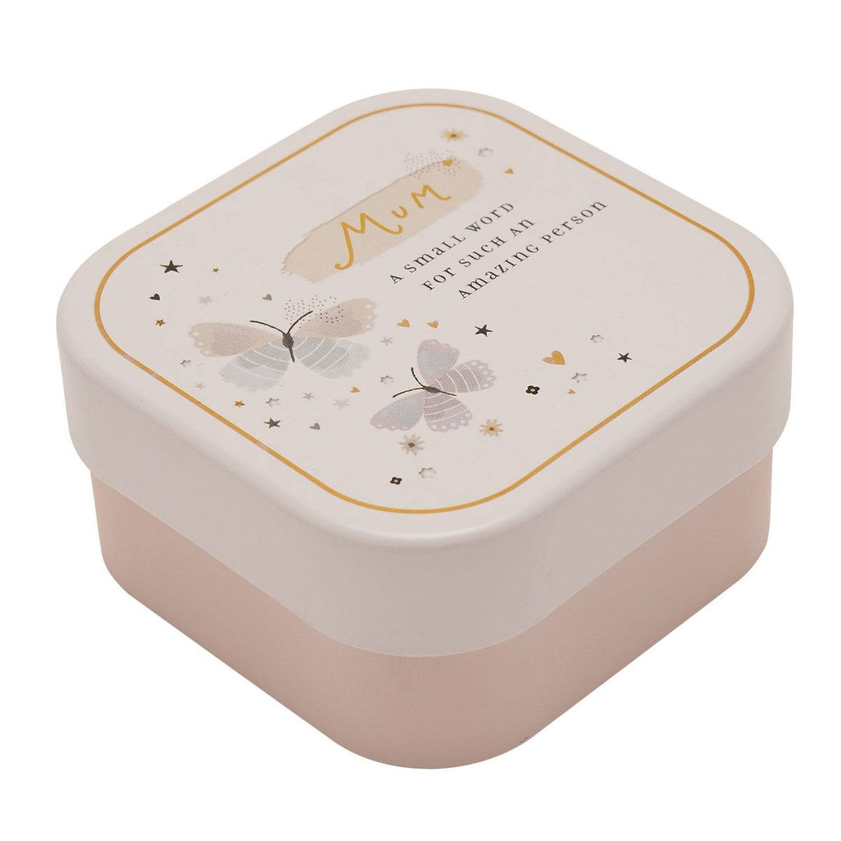 Square lidded tin scented candle with a white lid featuring gold-script "Mum" text, pastel butterflies and star details, set on a blush pink base against a plain white background.
