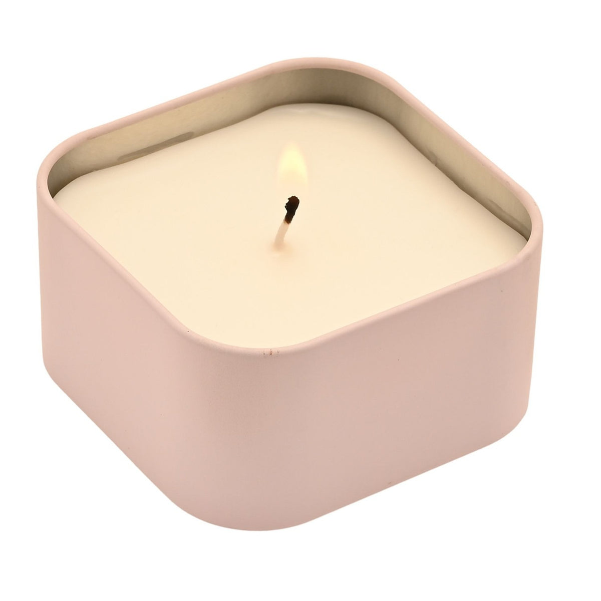 Mum Square Lidded Tin Scented Candle 125g in white, lit with a visible wick flame inside a square purple-toned tin, lid removed, shown on a plain white background.