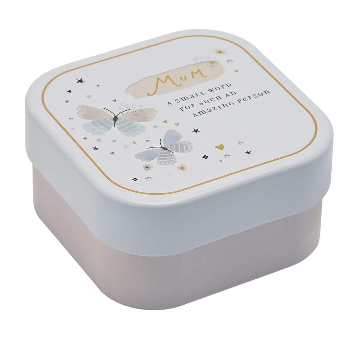 Square lidded tin candle with white lid featuring gold "Mum" script, pastel butterflies and star details, set on a blush pink base against a plain white background.
