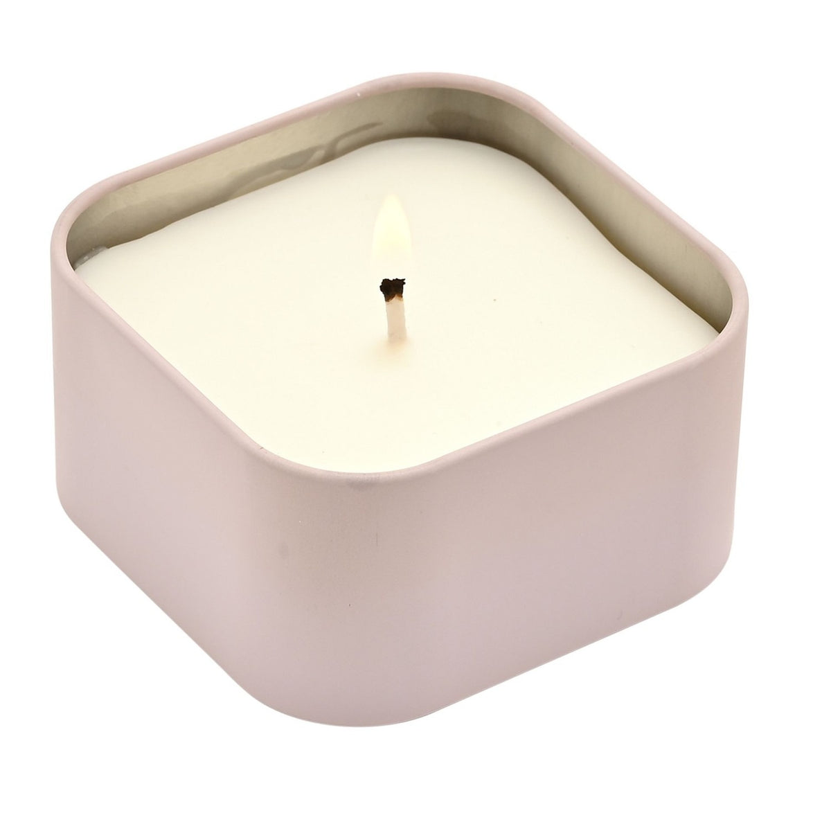 Lit square scented candle in a pale purple tin with white wax and a cotton wick, shown lidless on a plain white background.