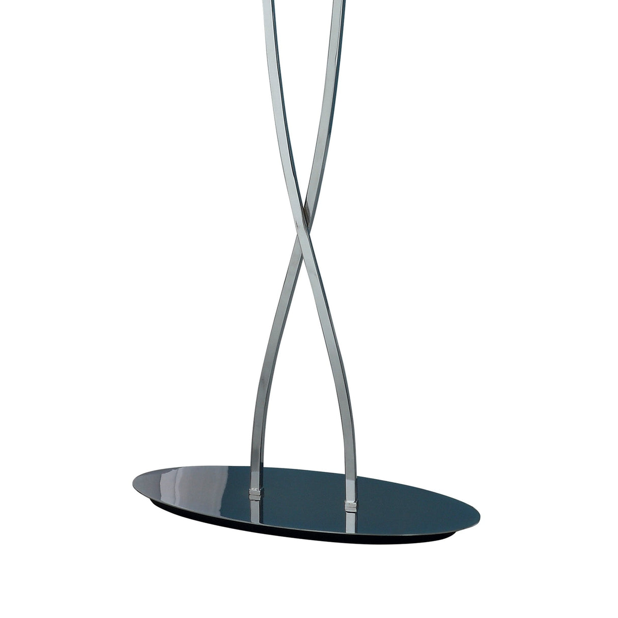 The Lucca 2 Light Crystal Floor Lamp features two slender, curved metal rods that cross on a glossy black oval base with a white shade, creating a sleek, modern look—perfect for contemporary interiors. Chrome finish adds extra style.