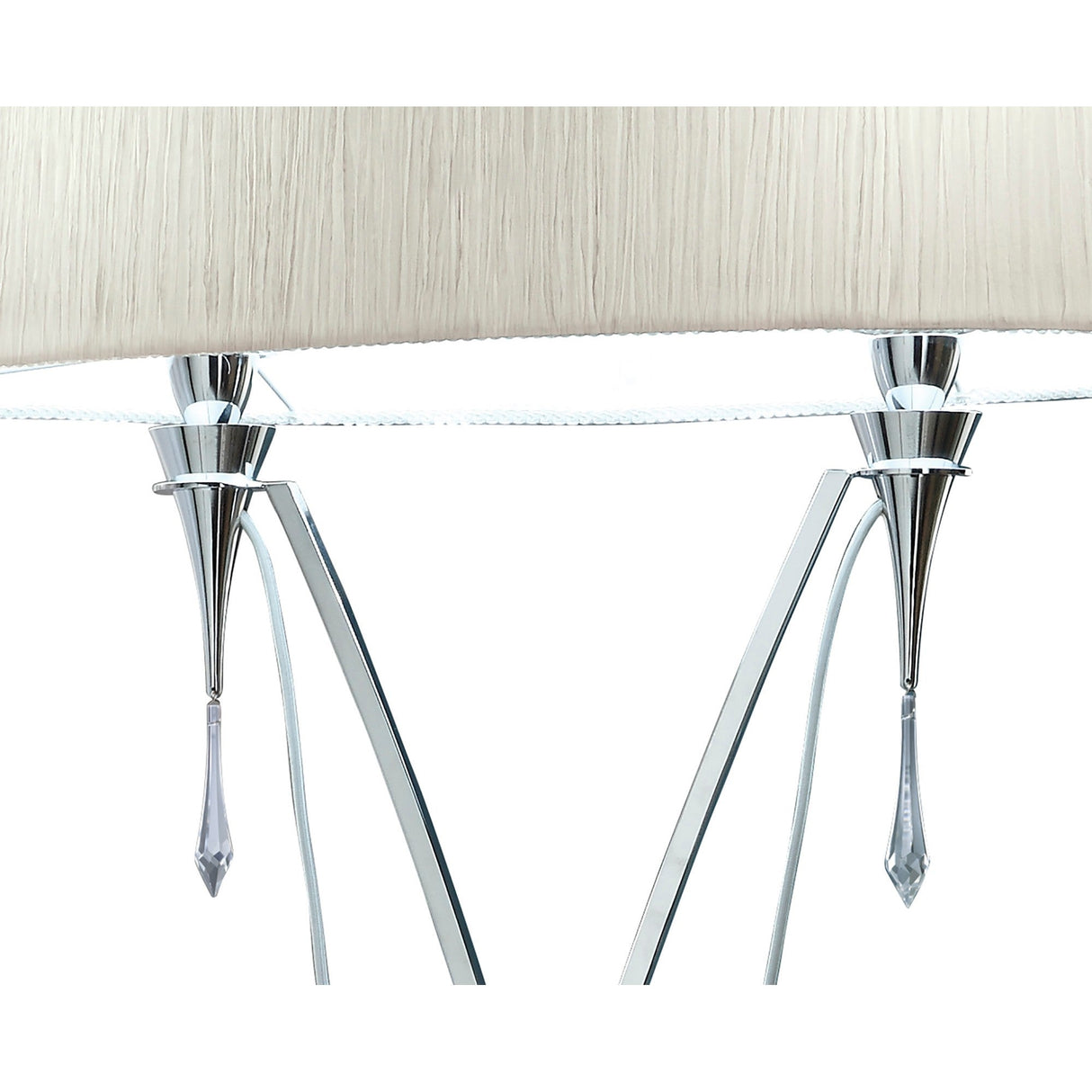 Close-up of the Lucca 2 Light Crystal Floor Lamp in chrome with teardrop-shaped crystal accents and a white shade, ideal for contemporary interiors, set against a white background with part of the shade visible.