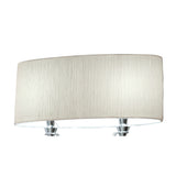 The Lucca 2 Light Crystal Floor Lamp features a white curved textured shade and chrome accents, offering a stylish touch for modern interiors, as shown here against a white background.