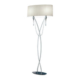 The Lucca 2 Light Crystal Floor Lamp features a tall, curved chrome base with a white shade and black oval base—perfect for contemporary interiors and modern lighting accents.
