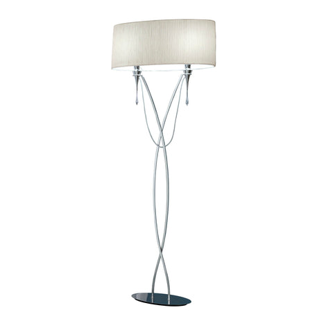The Lucca 2 Light Crystal Floor Lamp features a tall, curved chrome base with a white shade and black oval base—perfect for contemporary interiors and modern lighting accents.