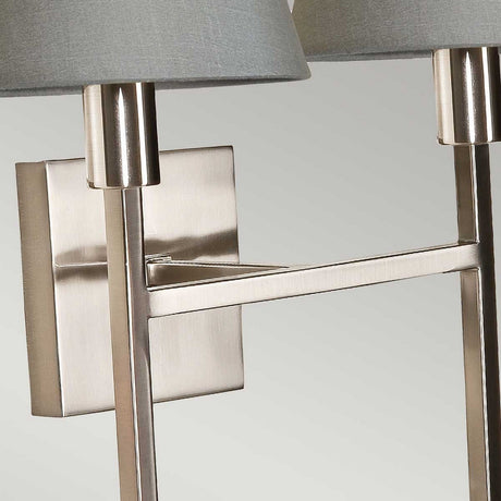 A close-up of the Lucerne 2 Light Wall Light - Brushed Nickel With Grey Shade shows its sleek design, featuring brushed nickel frames and gray lampshades. The fixture's crisp lines and rectangular wall mount blend effortlessly into any modern interior, highlighting a contemporary and polished look.