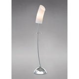 The Lucia 1 Light Table Lamp features a curved polished chrome stand, round metallic base, and frosted glass shade, delivering contemporary style and lighting to any space against a plain gray background.