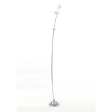 The Lucia 1 Light Frosted Glass Floor Lamp in polished chrome features a dimmable curved metal stand, frosted glass shade, and round base, shown here against a plain white background.