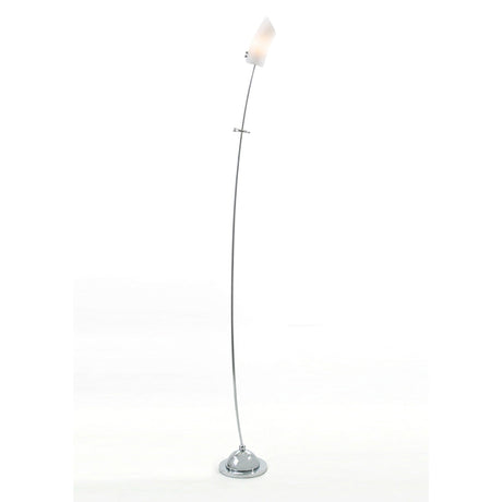 The Lucia 1 Light Frosted Glass Floor Lamp in polished chrome features a dimmable curved metal stand, frosted glass shade, and round base, shown here against a plain white background.